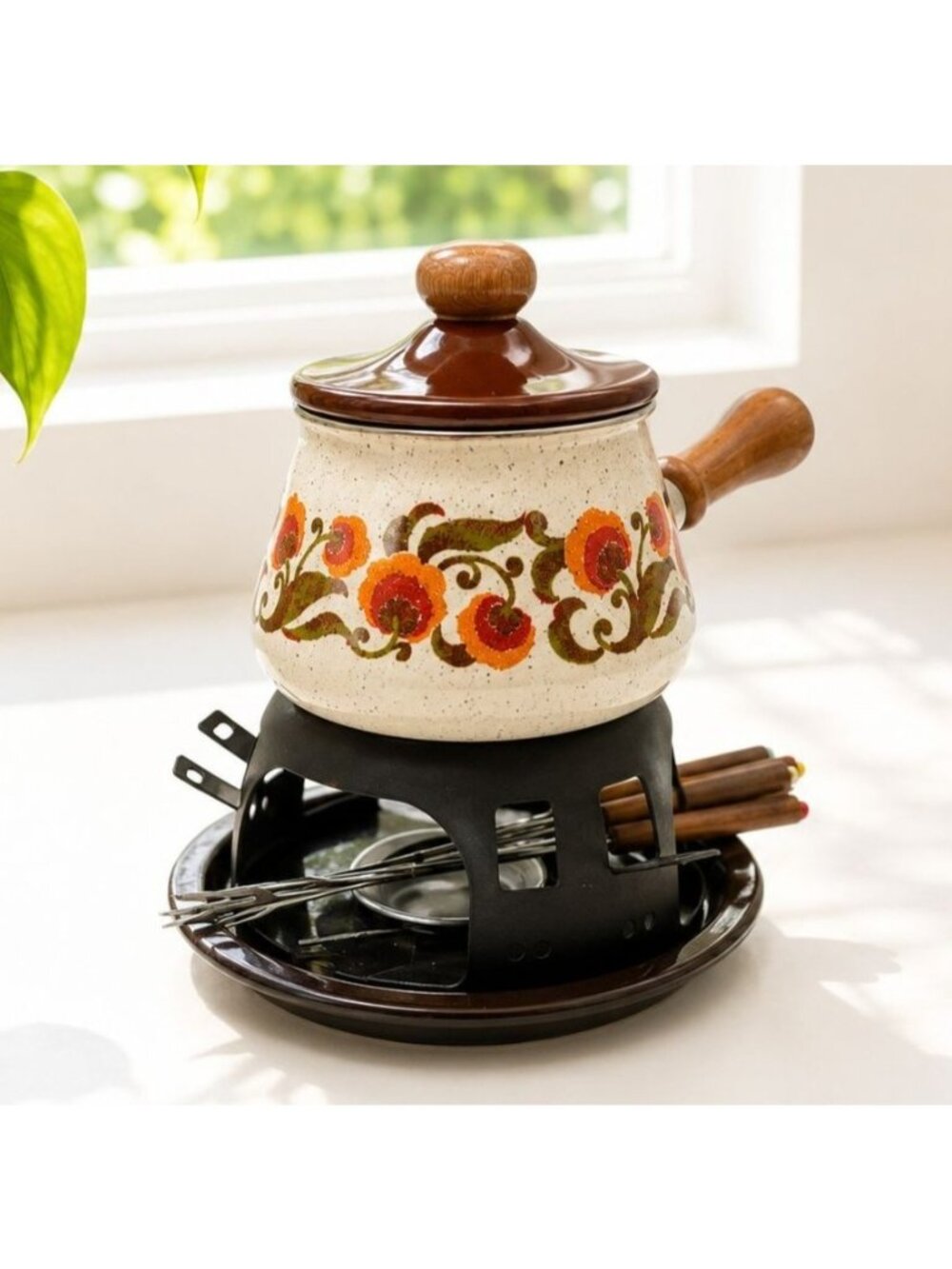 Vintage Ceramic Fondue Set With Hand-Painted Floral Design Wooden Handle & Lid M